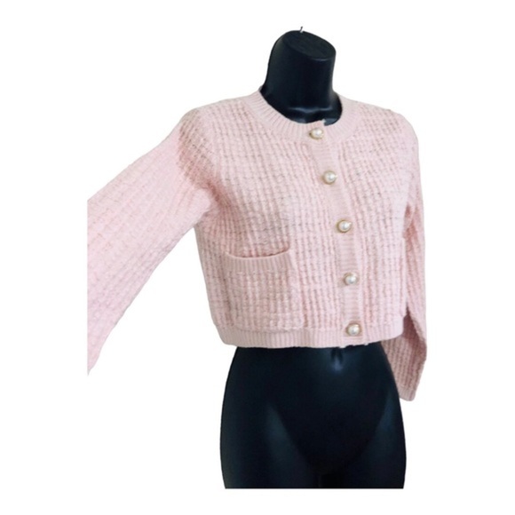 Jessica Simpson pink textured knit pearl button crop cardigan sweater jacket - Picture 15 of 15